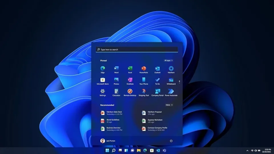 Windows 11 desktop and Start menu preview